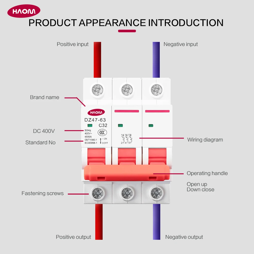 HAOM 3P DC MCB Disjuntor Protetor de Poder Início diferencial rearmable automatico Din Rail Interruptor Do Ar Disjuntor Miniatura