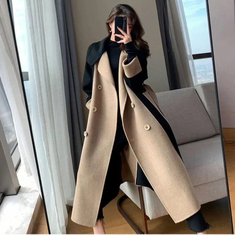 

Women Patchwork Long Blends Coat Autumn Winter Turn Collar Single Breasted Coats Commute Elegant Parkas New Chic Warm Outwears