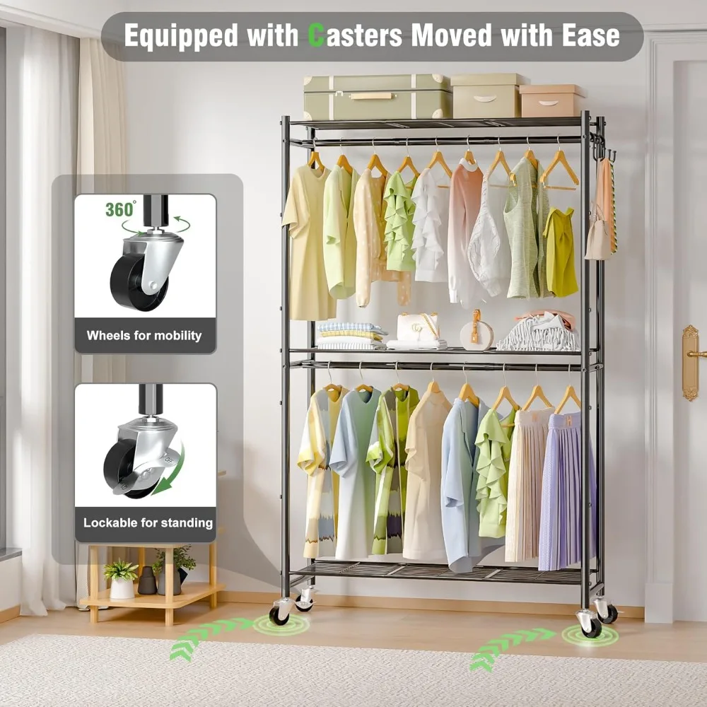 Rolling Clothes Rack for Hanging Clothes, 300Lbs Capacity Garment Rack with Double Rods & 3 Wire Shelves, Cloth Wardrobe