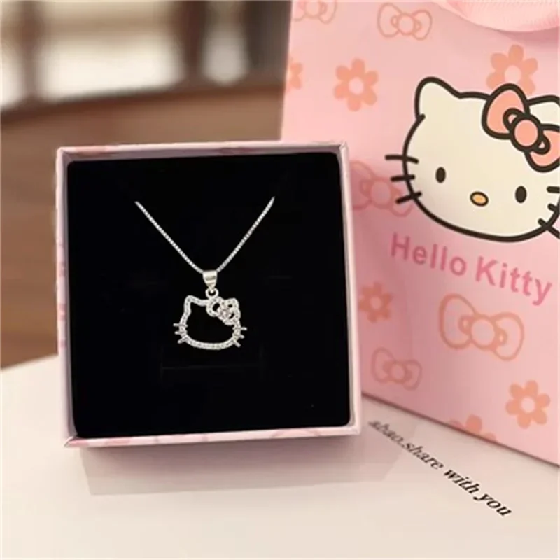 Anime Sanrio Necklace HelloKitty Kids Girl Pendant Necklace Kawaii Inlaid Diamond Crystal Jewelry Cartoon Gift Box Birthday Gift