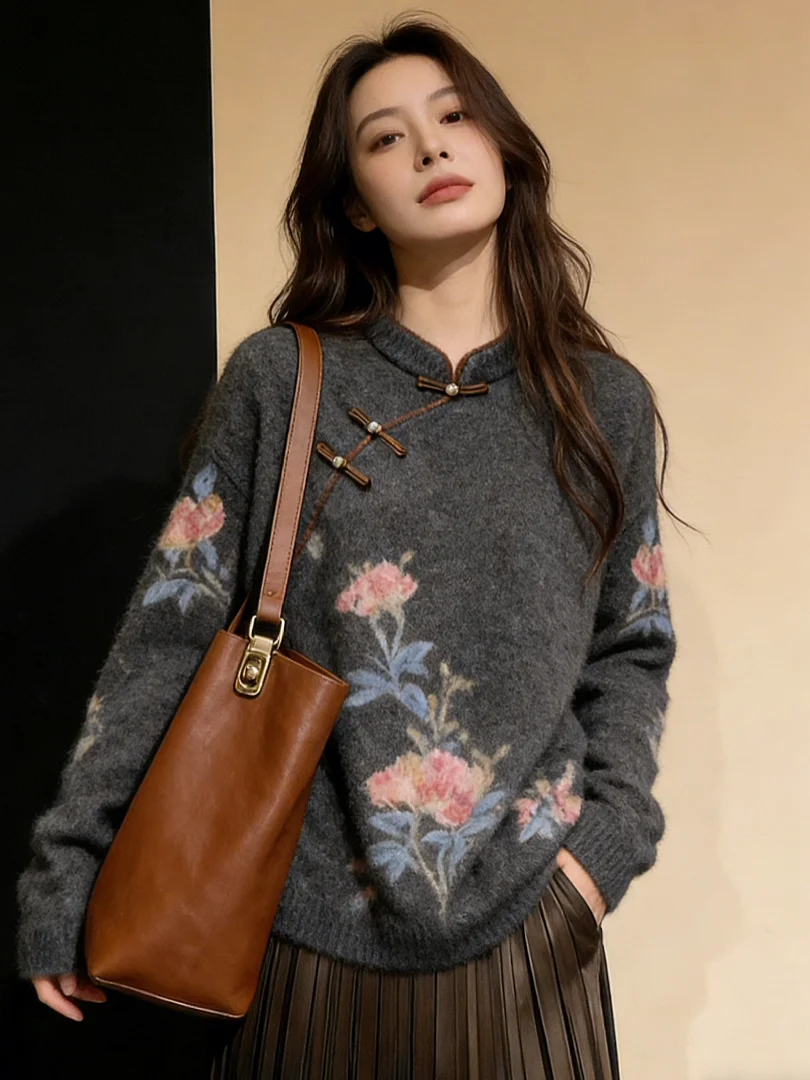 

Sli ort Winter Jaet Women's Korean Sle Embroidered Button Top Beautiful Luxury Faionable Retro Knitted Sweater