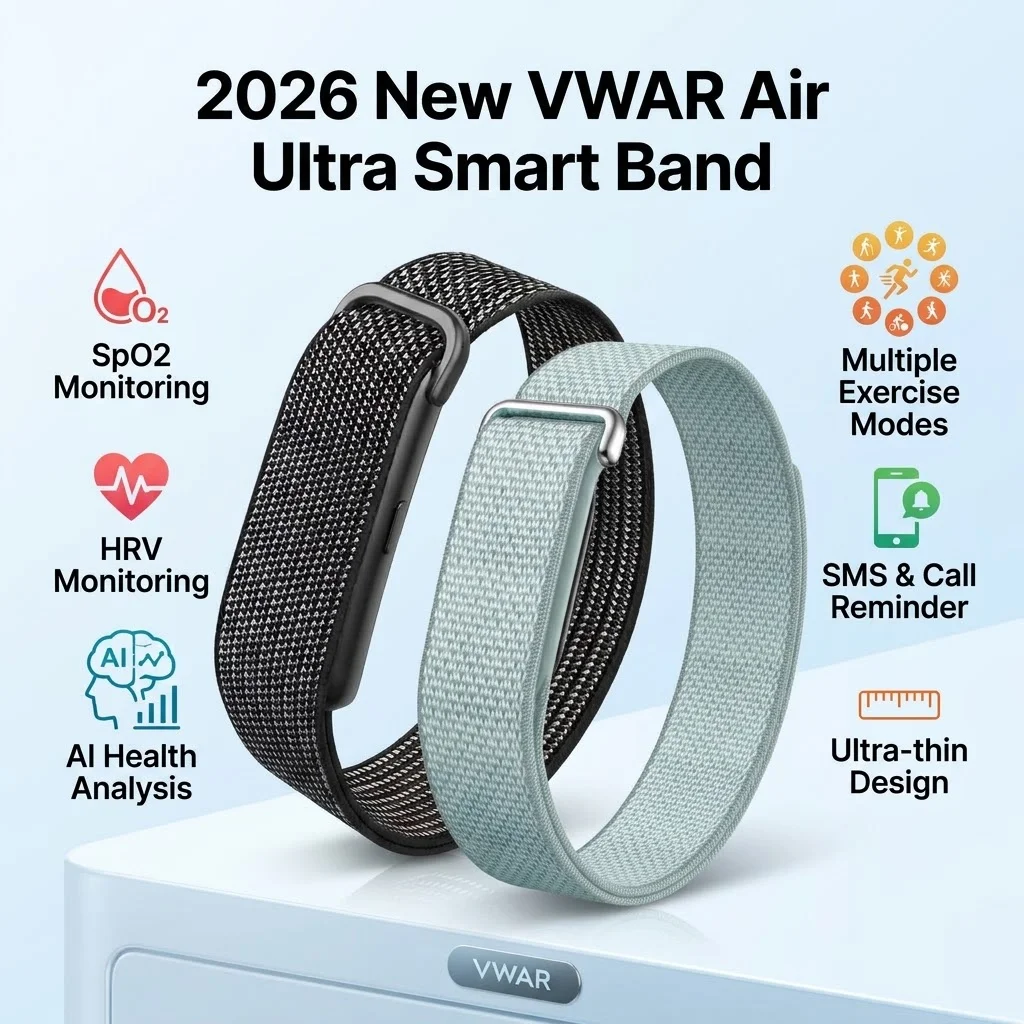 VWAR Air Ultra Smart Band Men Women SMS Call Reminder 24/7 Heart Rate Blood Oxygen Stress Sleep Fitness Tracker Smart Bracelet