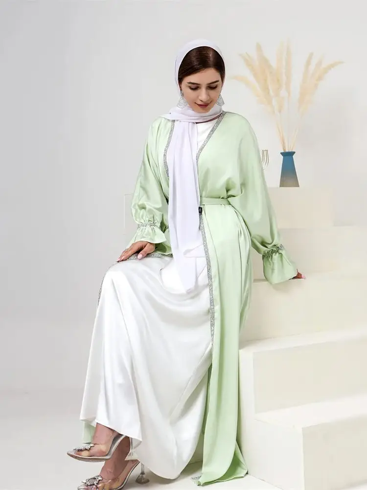 Ramadan Eid Satin Kebaya Dubai Open Abaya Damen Kimono Turkey Islam Kaftan Muslim Abayas For Women Djellaba Robe Femme Caftan