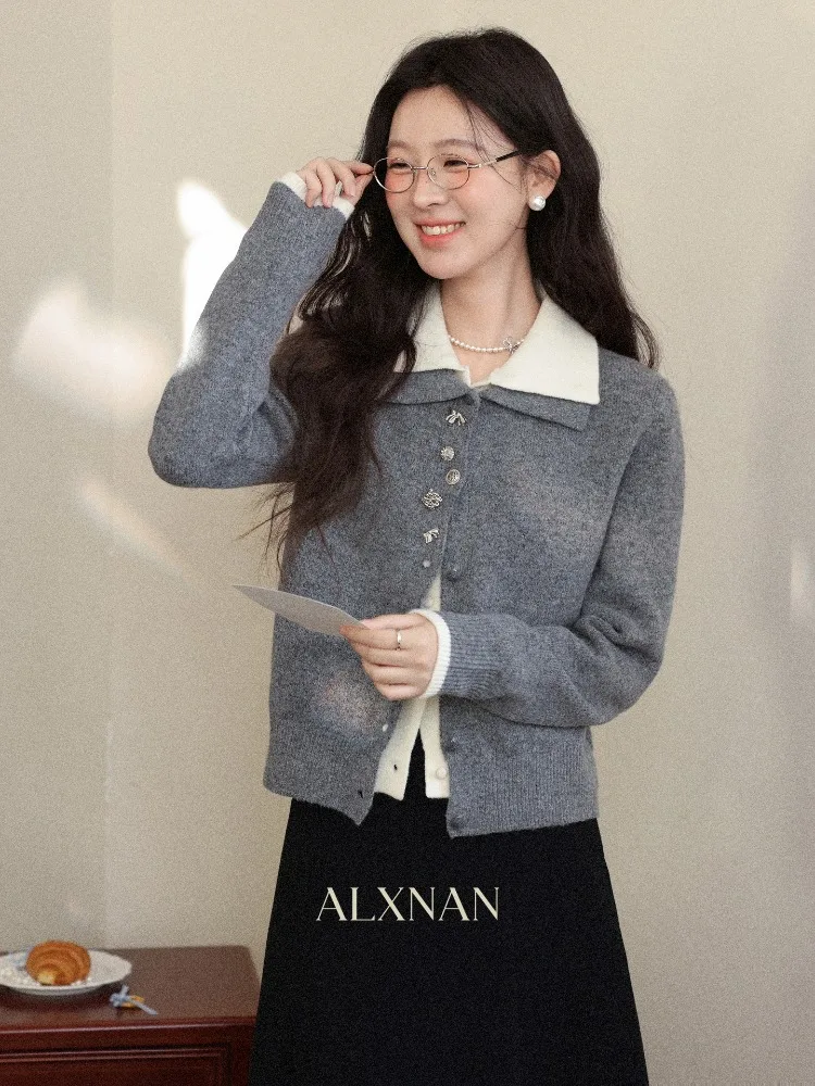 سترة شتوية نسائية من ALXNAN سترة شتوية رمادية اللون مكونة من قطعتين سترة دافئة غير رسمية فضفاضة بأزرار أنيقة وأكمام طويلة سترة نسائية متماسكة L59709 #3