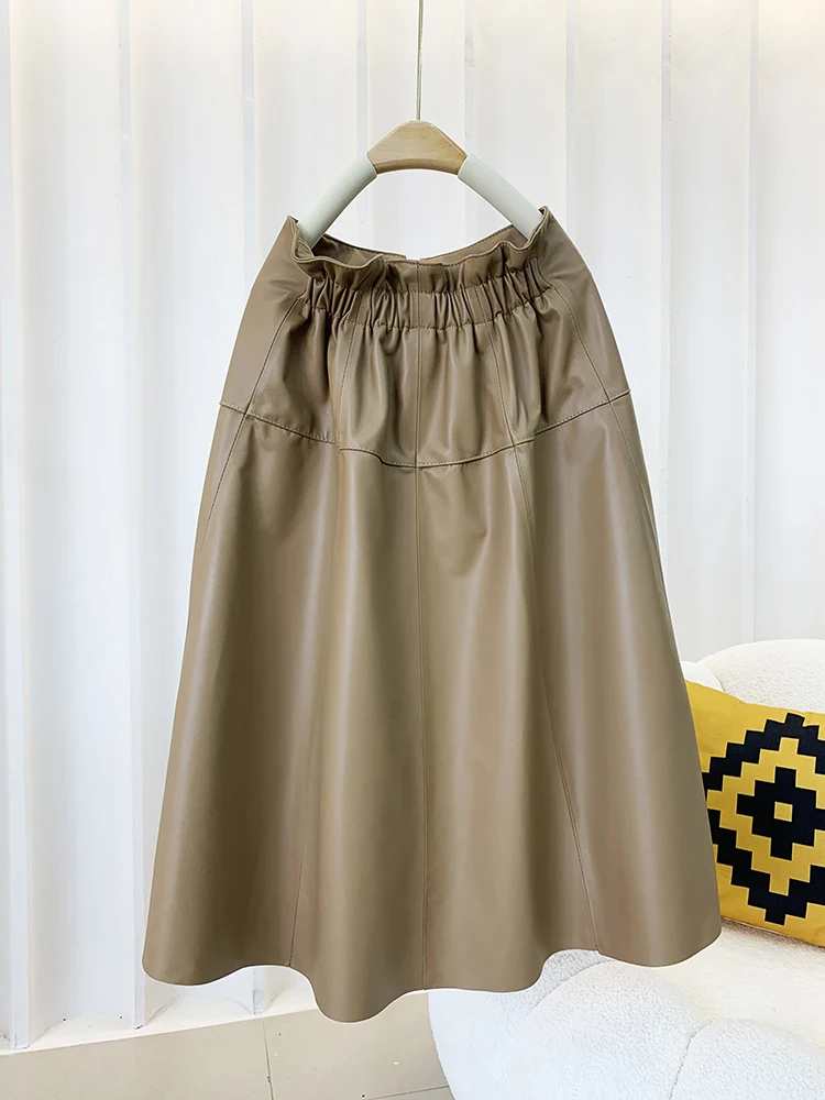 

2023 Autumn Winter Fashion Women High Quality Genuine Leather Elastic Waist Skirt F007