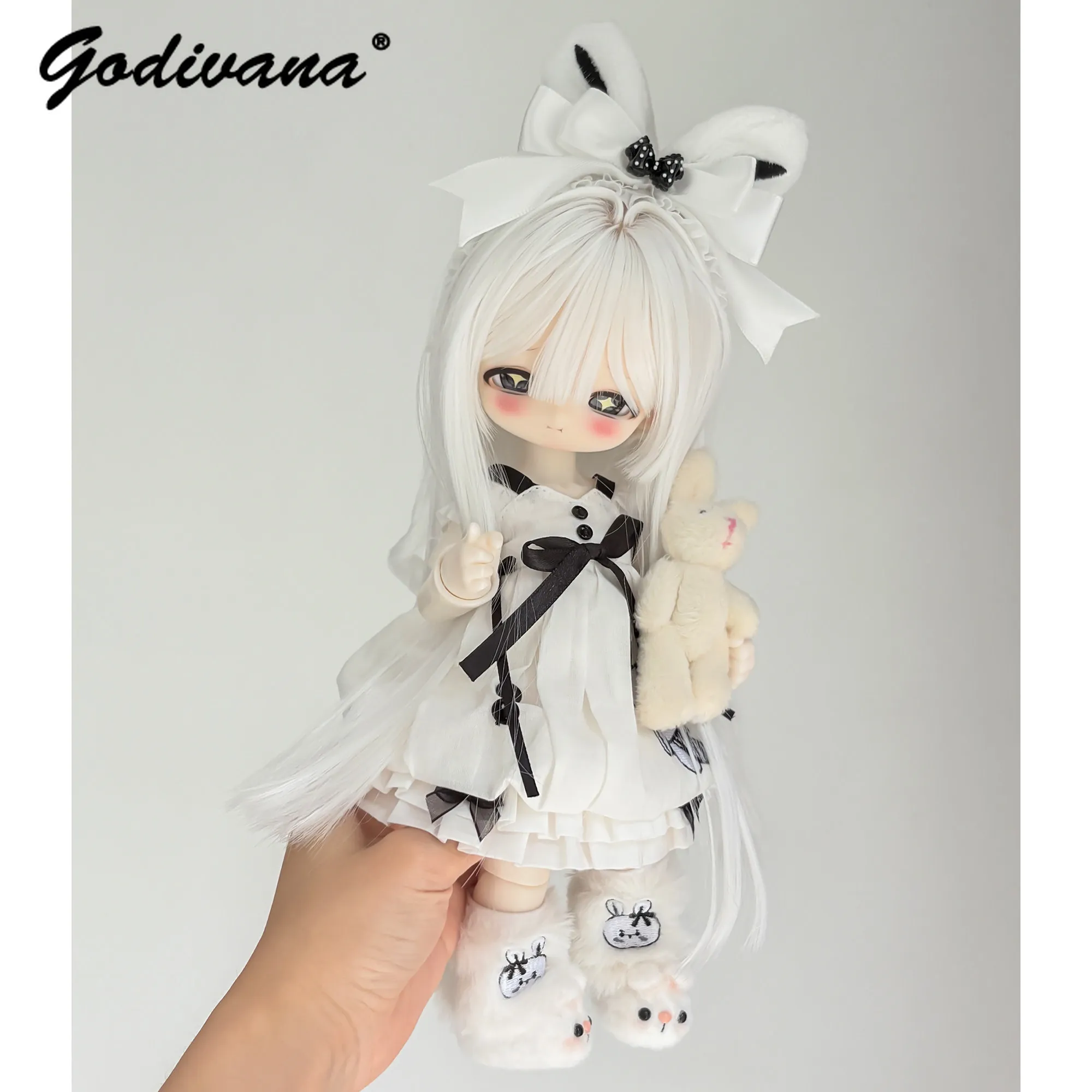 Cute White Bunny Embroidery Doll Outfit Fluffy Rabbit Ear Headband Bow Sundress with Gloves Leg Warm for 1/6 BJD Doll Clothes