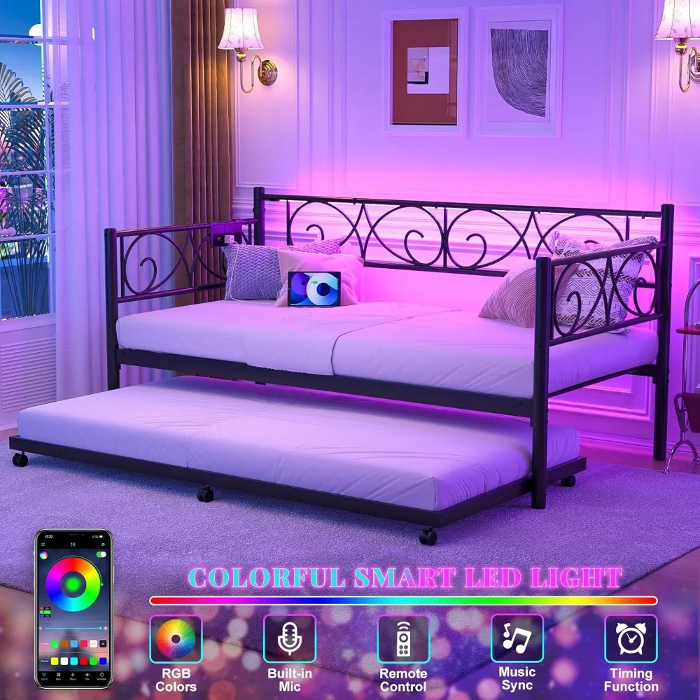 Espreguiçadeira com cama de solteiro, estrutura de cama de solteiro com estação de carregamento e luzes LED, sofá-cama de metal com rodízio pop-up e aço
