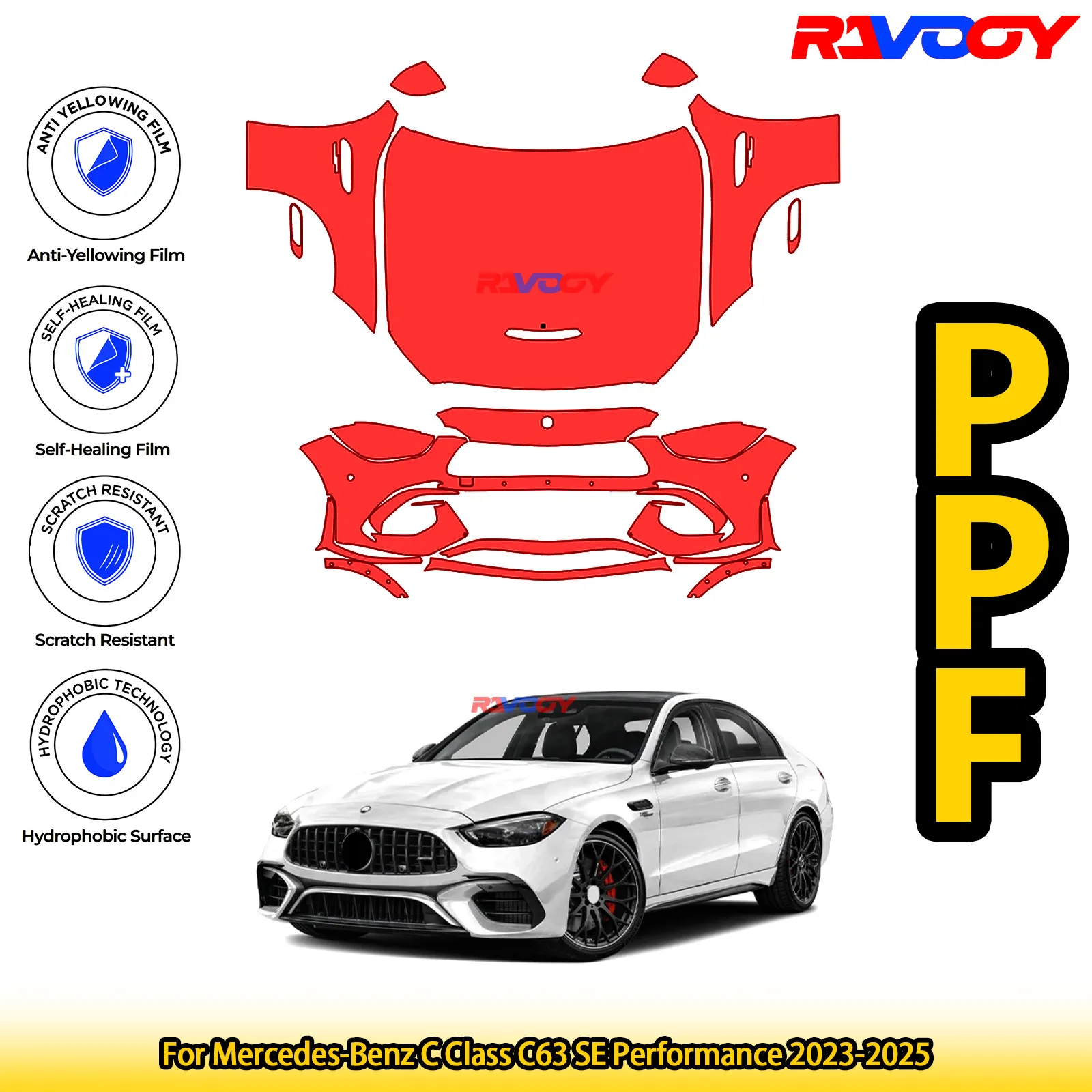 

For Mercedes-Benz C Class C63 SE Performance 2023-2025 Glossy Matte Black Precut front PPF Kit Paint Protection Film