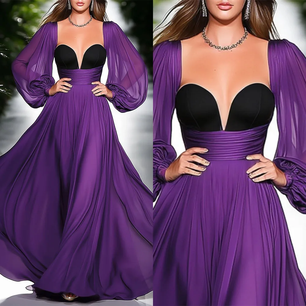 

High Quality Customized V-neck Purple Pleat Floor Length A-line Vestidos Elegantes Para Mujer Para Una Boda Formal Dress فساتين