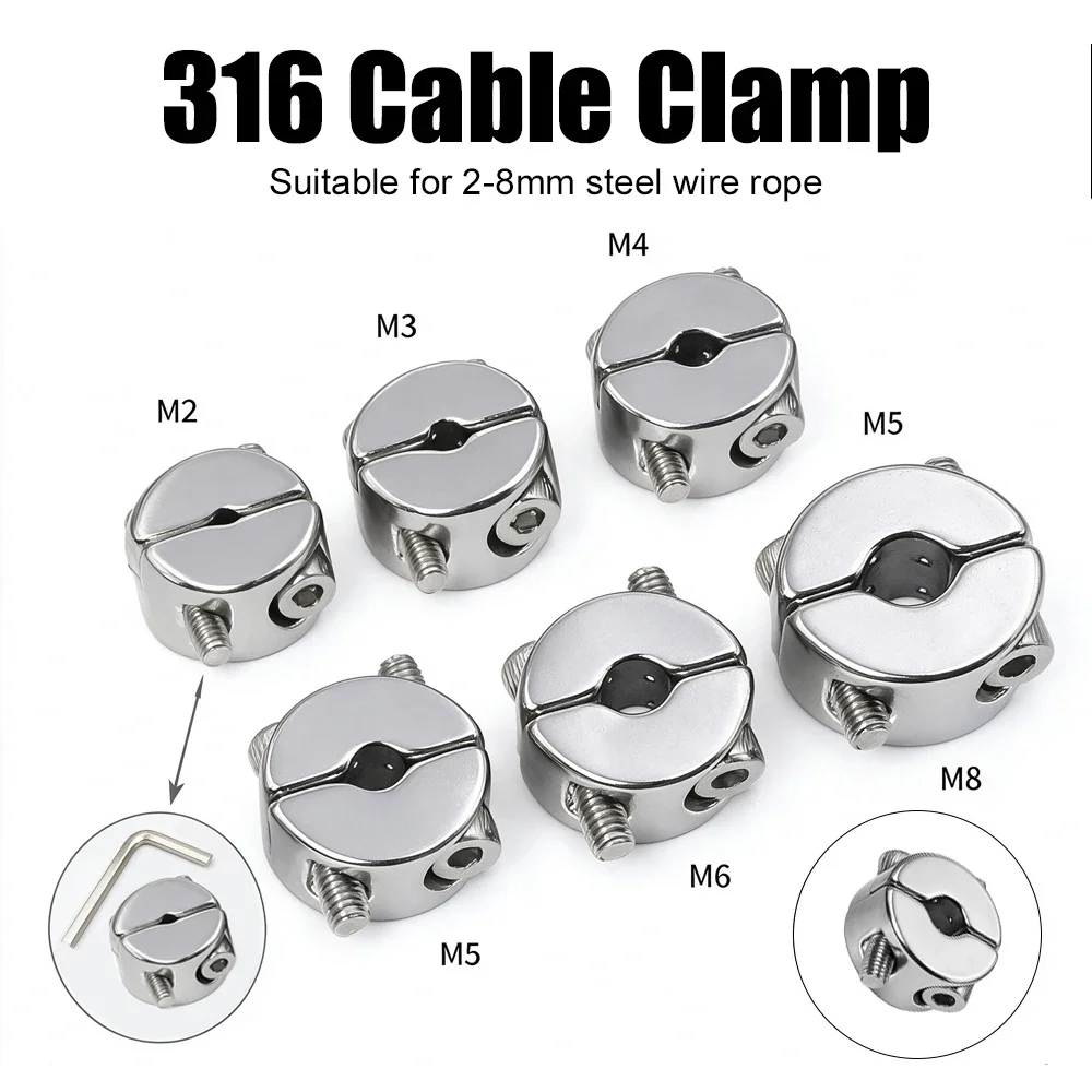 316 Stainless Steel Wire Rope Grip Stop Single Pivot Cable Suspension Round Clamp Cable Clip Hexagon Grub Screw Bolts M2-M8