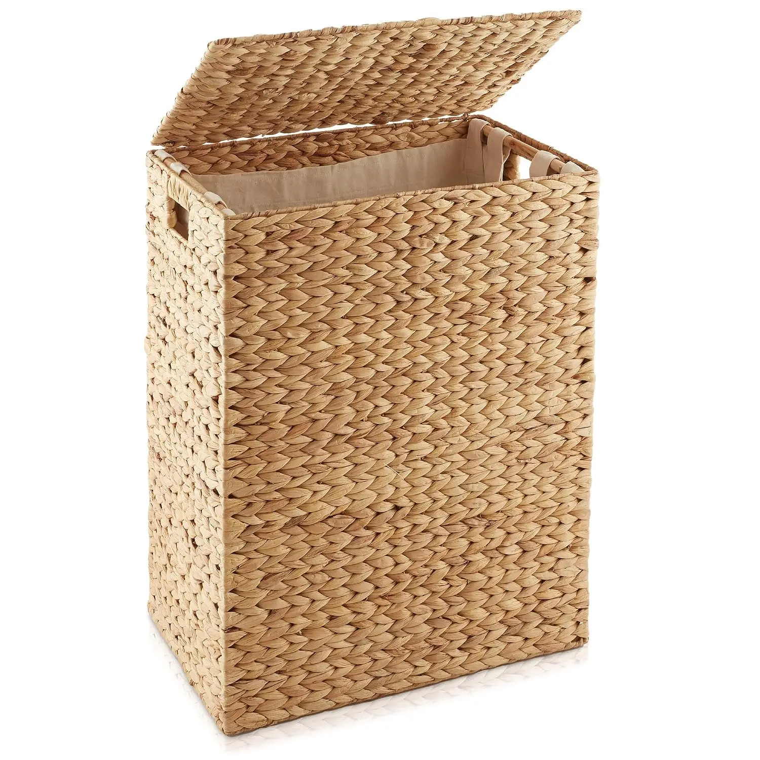 Large Laundry Hamper with Lid and Removable Liner Bag - Natural, Woven Water Hyacinth Rectangular Laundry Basket Sorter for Clot