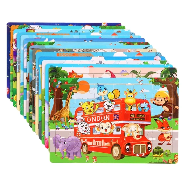 Nowe 30-elementowe drewniane puzzle, kreskówkowe zwierzęta, motyw drogowy, tangram, drewniane puzzle 3D, zabawki edukacyjne Montessori dla dzieci, prezenty.