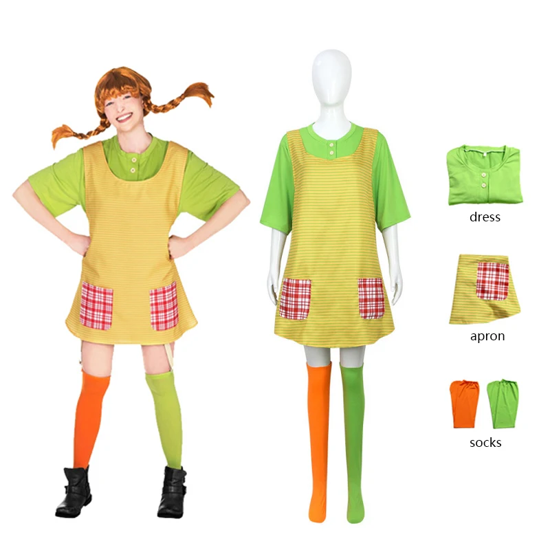 Anime Pippi Longstocking Cosplay Costume Striped Apron Green Shirt  with Apron Socks Full Set Halloween Carnival Party Outfit