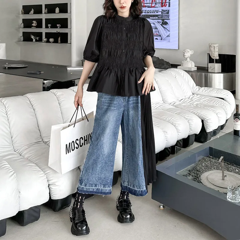 2026 nieuwe mode dames retro HK-stijl kleurblokken patchwork geplooide jeans zomer stijlvolle losse rechte casual enkelbroek