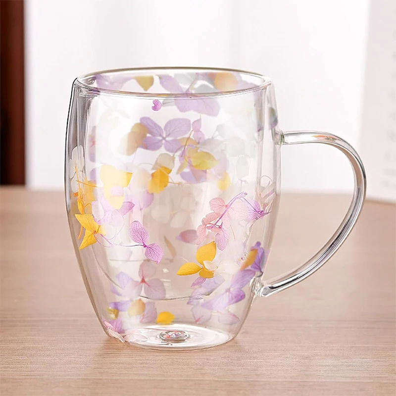 Dry Flower Double Layer Glass Cup, Creative Gift, Cute Milk Cup, Coffee Cup, Handle Mug, Heat-Resistant Cup