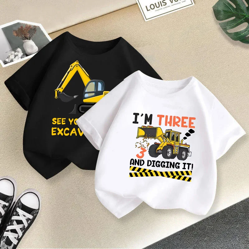 2024 Children Cute Excavator T-Shirt Combination Cartoons Bulldozer Tee Shirts Kawaii Kid Casual Clothes Girl Boy Harajuku Tops