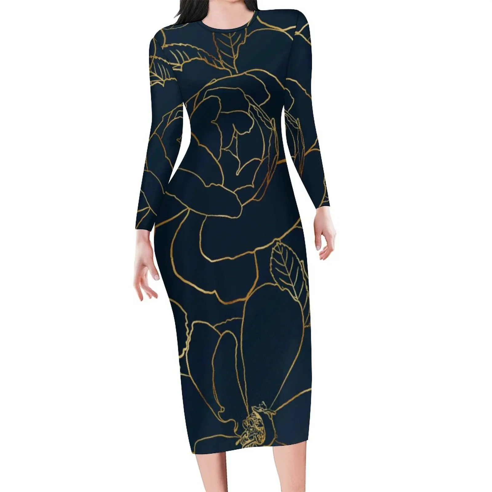 Elegancka sukienka bodycon złote róże Kobieta Kwiatowy nadruk Nowoczesne sukienki Wiosna Długi rękaw Street Wear Sukienka graficzna Duży rozmiar 6XL