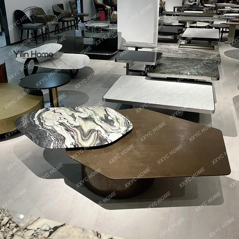 Marble special-shaped rotating coffee table  minimalist living room stainless steel  high-end combination