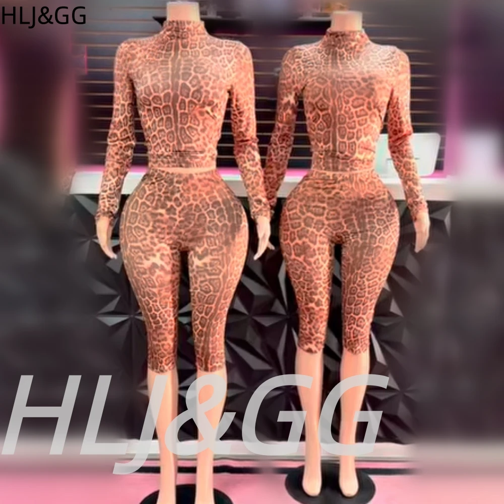 

HLJ&GG Fashion Leopard Print Skinny Pants Two Piece Sets Women O Neck Long Sleeve Slim Crop Top And Pants Outfits With Hairband