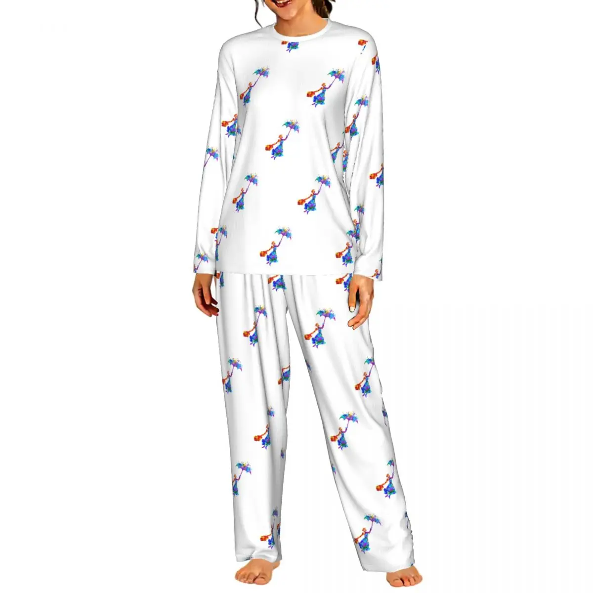 Camisón de manga larga con cuello redondo de Mary Poppins, ideal para dormir, camiseta de noche para mujer, conjunto de pijama suave, pantalones largos.