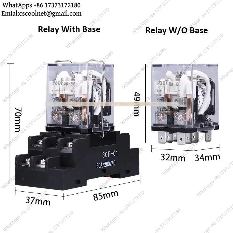 k3 High Power 30A Relay with Base 8 Pin DC12V 24V AC110V 220V 2NO 2NC Copper Coil Fireproof Shell Electromagnetic Switch