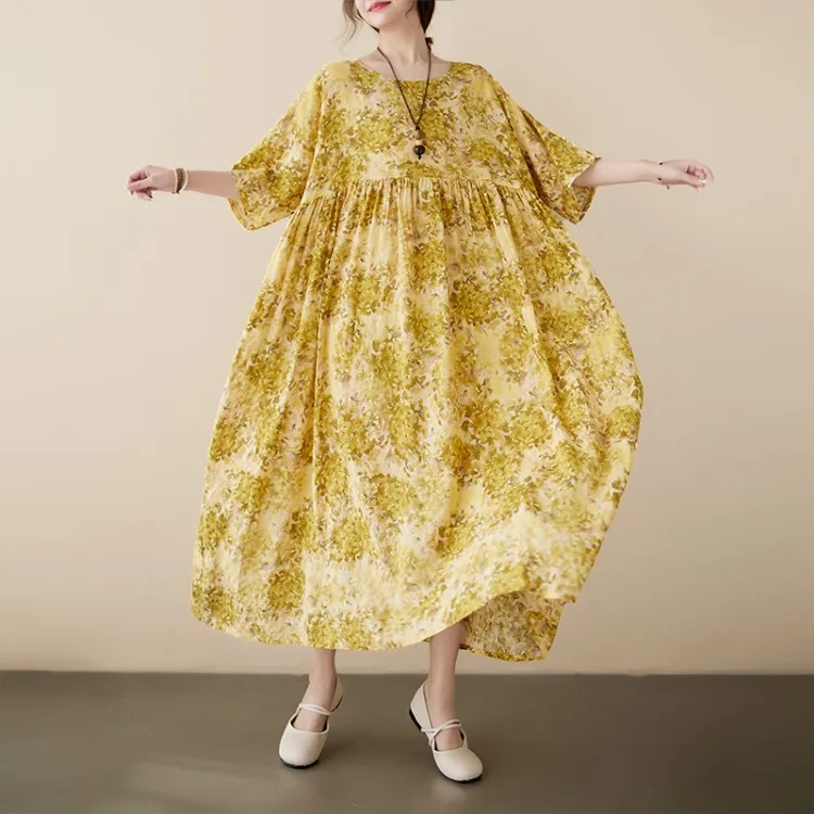 Plus Size Bohemian Print Maxi Long Dress for Women Floral Casual Cotton Linen Loose Vintage Vestidos Para Mujer Robe Dresses