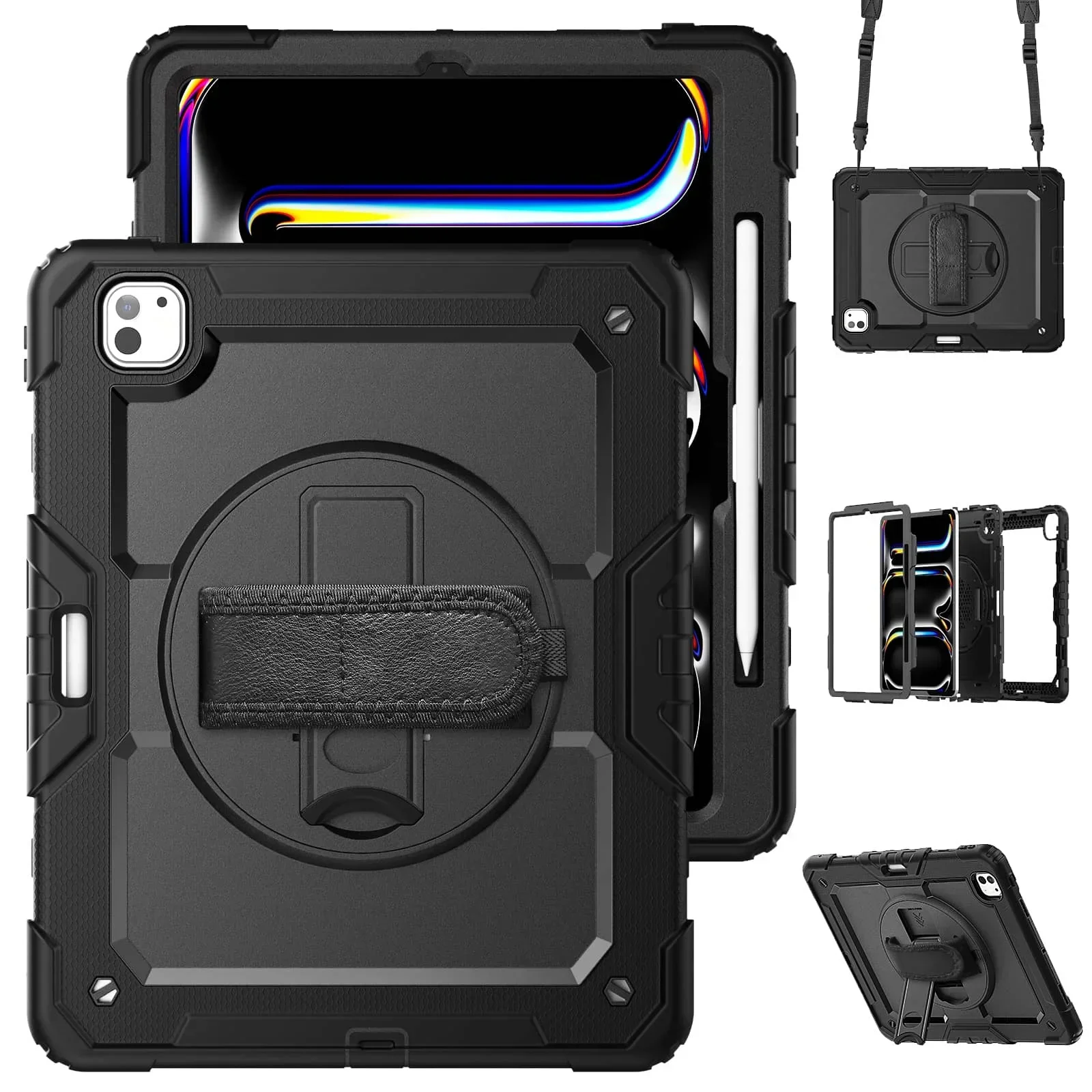 for iPad Pro 13-inch (M4) 2024, Military Grade Shockproof Protector Silicone Cover with Pencil Holder+Handle Shoulder Strap Case