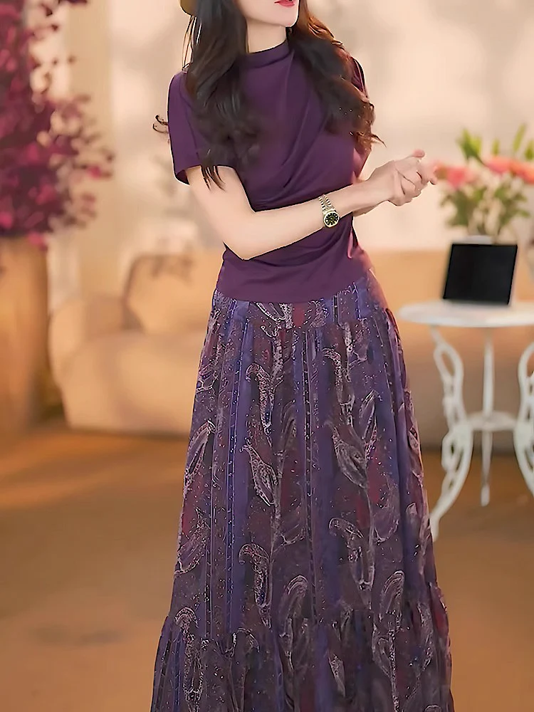 

Beach Vacation Style Women's Fashion Two-Piece Set Short Sleeve T-Shirt Midi Skirt Purple Summer Outfit Casual Elegant