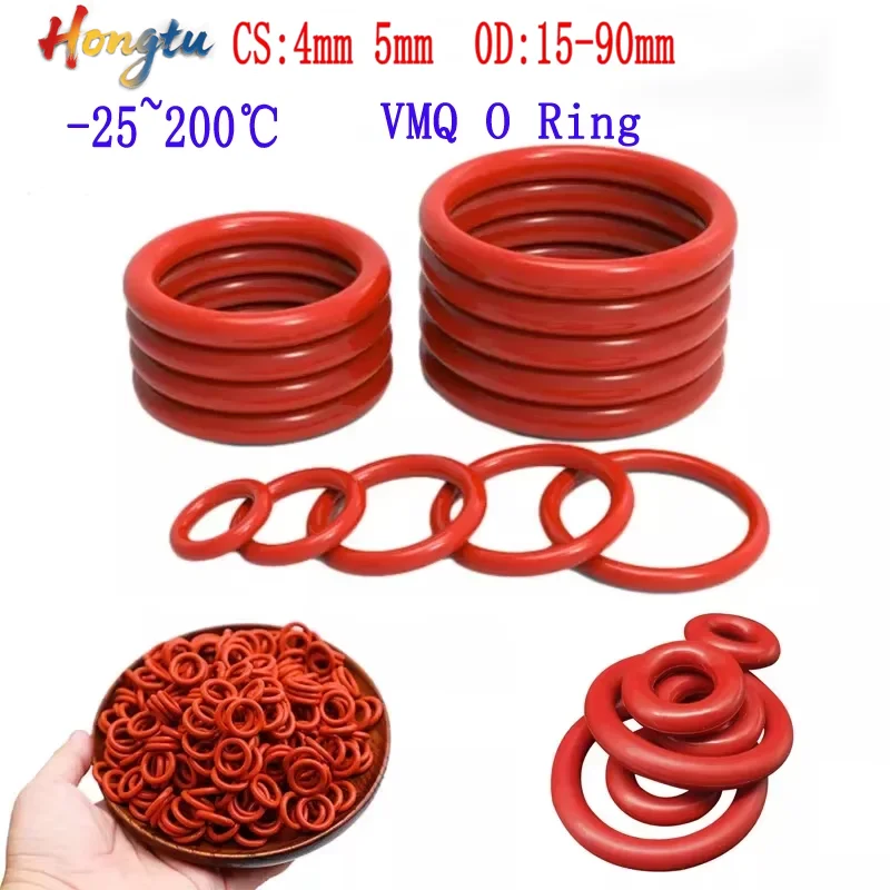 

Red VMQ Silicone Sealing O-Rings - 10Pcs/Lot Food Grade, Metric CS 4mm/5mm & OD 15mm~90mm, Waterproof Insulated Gaskets