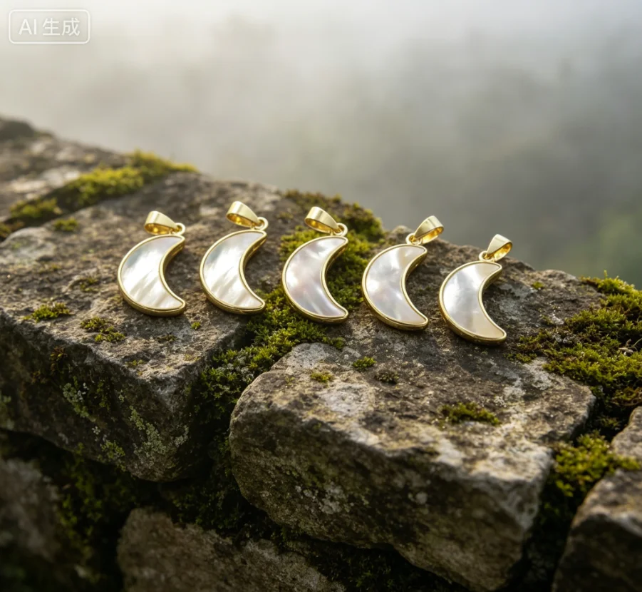 WT-JP319 Super Hot Natural Mother Of Pearl White Shell Moon Pendants With Gold Bezel Lovely Tiny Crescent Jewelry Finding