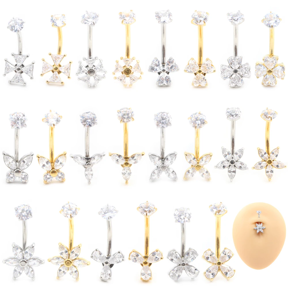 Alisouy 1PC Stainless Steel Heart Eye Water Drop Triangle Round Zircon Women Girl Belly Button Navel Rings Piercing Body Jewelry