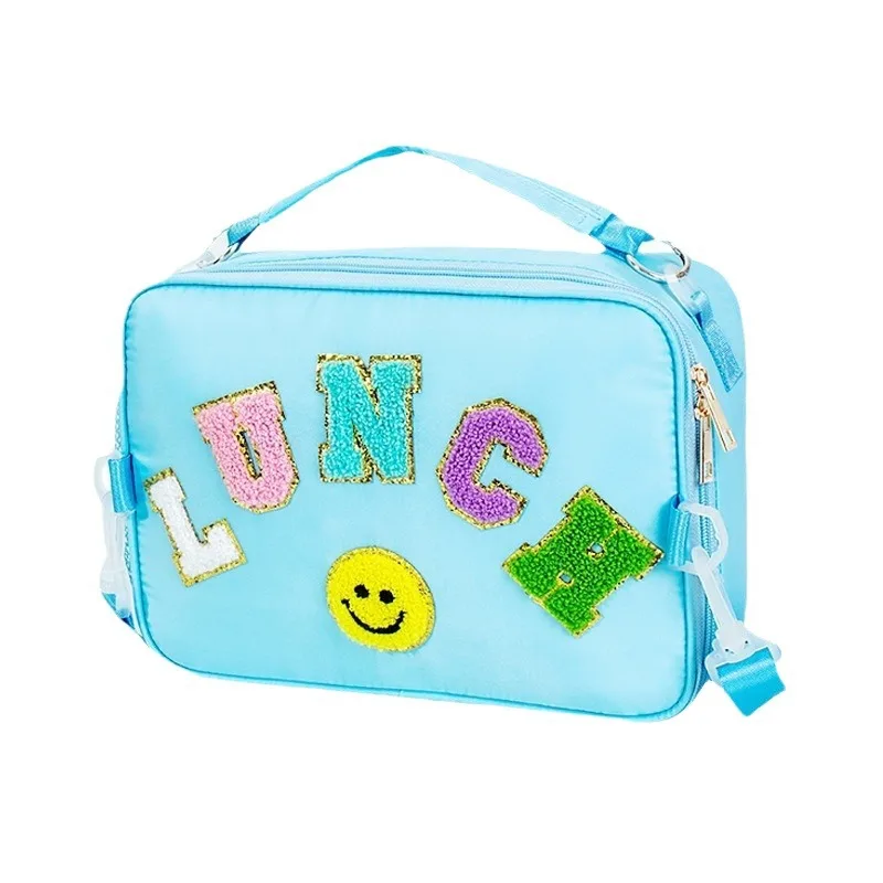 Hot selling Tem embroidered letter smiley face outdoor tote bag, bento bag, insulated aluminum film lunch bag