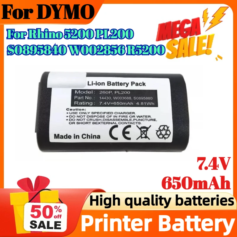 

7.4V 650mAh Printer Battery For DYMO Rhino 5200 PL200 S0895840 W002856 R5200 LM360D LM420PRhino LM 360D 420P 5200
