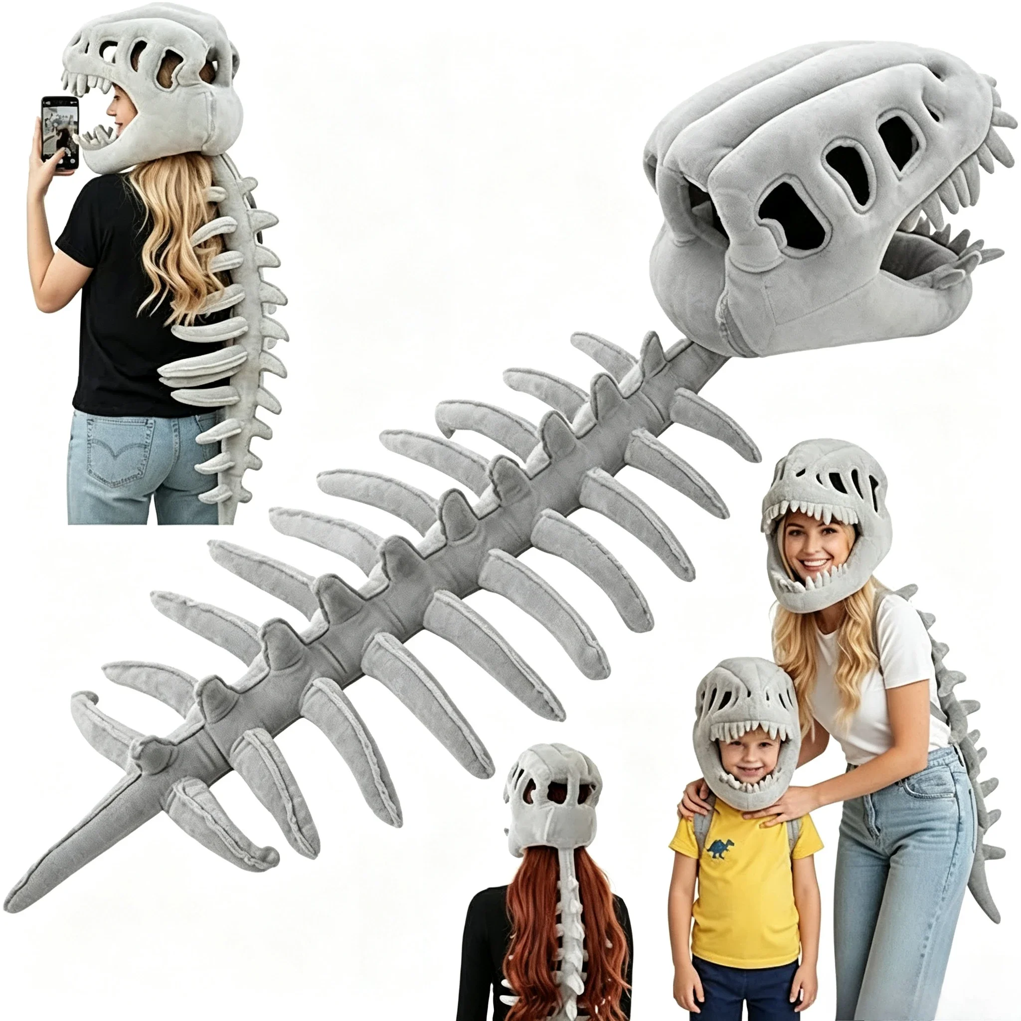 Kid Dinosaur Skeleton Costume SetSpinosaurus-Style Dino Outfit – 3D Skull Headpiece & Spine for Dress-Up, Parties & Photos Plush
