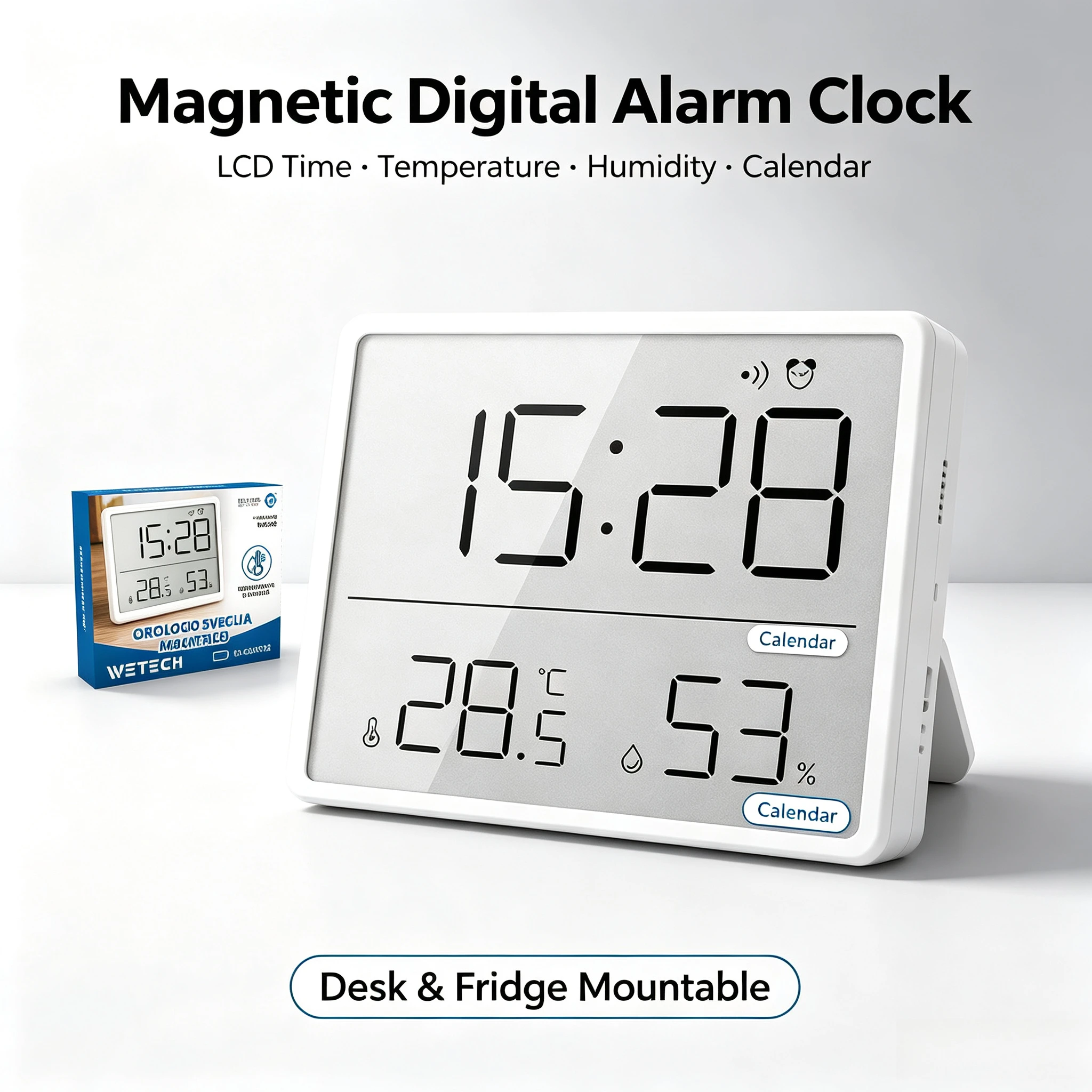 Sveglia digitale magnetica con ampio schermo LCD, indicazione di temperatura, umidità e calendario, orologio da scrivania o da frigorifero, termometro e igrometro per la casa, la camera da letto e gli