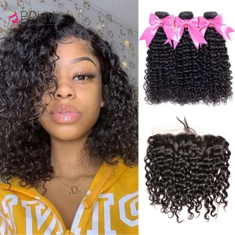 

Волна воды, 100% человеческие волосы, 3 пучка с 13x4, кружевное фронтальное плетение волос для чернокожих женщин, пучки с застежкой, наращивание волос 12A