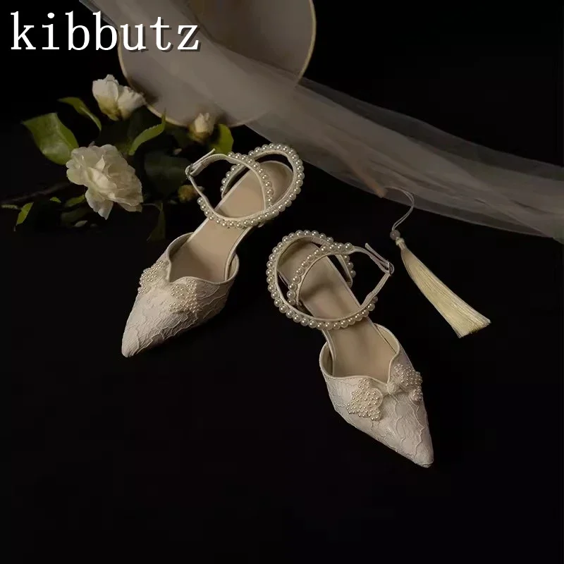 

Роскошные белые кружевные свадебные туфли с жемчугом для невесты, элегантные женские туфли-лодочки на шпильке с острым носком, летние сандалии на высоком каблуке