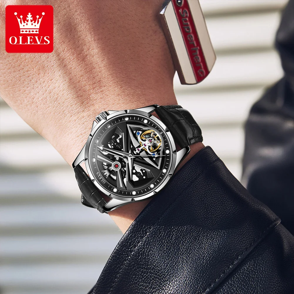 OLEVS impermeável automático mecânico oco esculpido relógios para homens, nova moda, pulseira de couro, esqueleto masculino relógio de pulso, 3atm, 6655