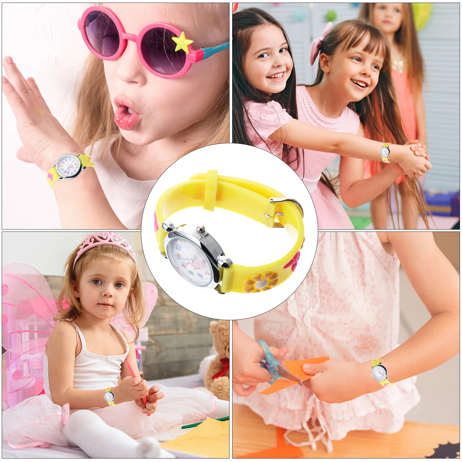 

Girls Cartoon Children'S For Wrist Adjustable Flower Pattern Yellow Clear Transparent Dial Holiday Gift Christmas Birthday New