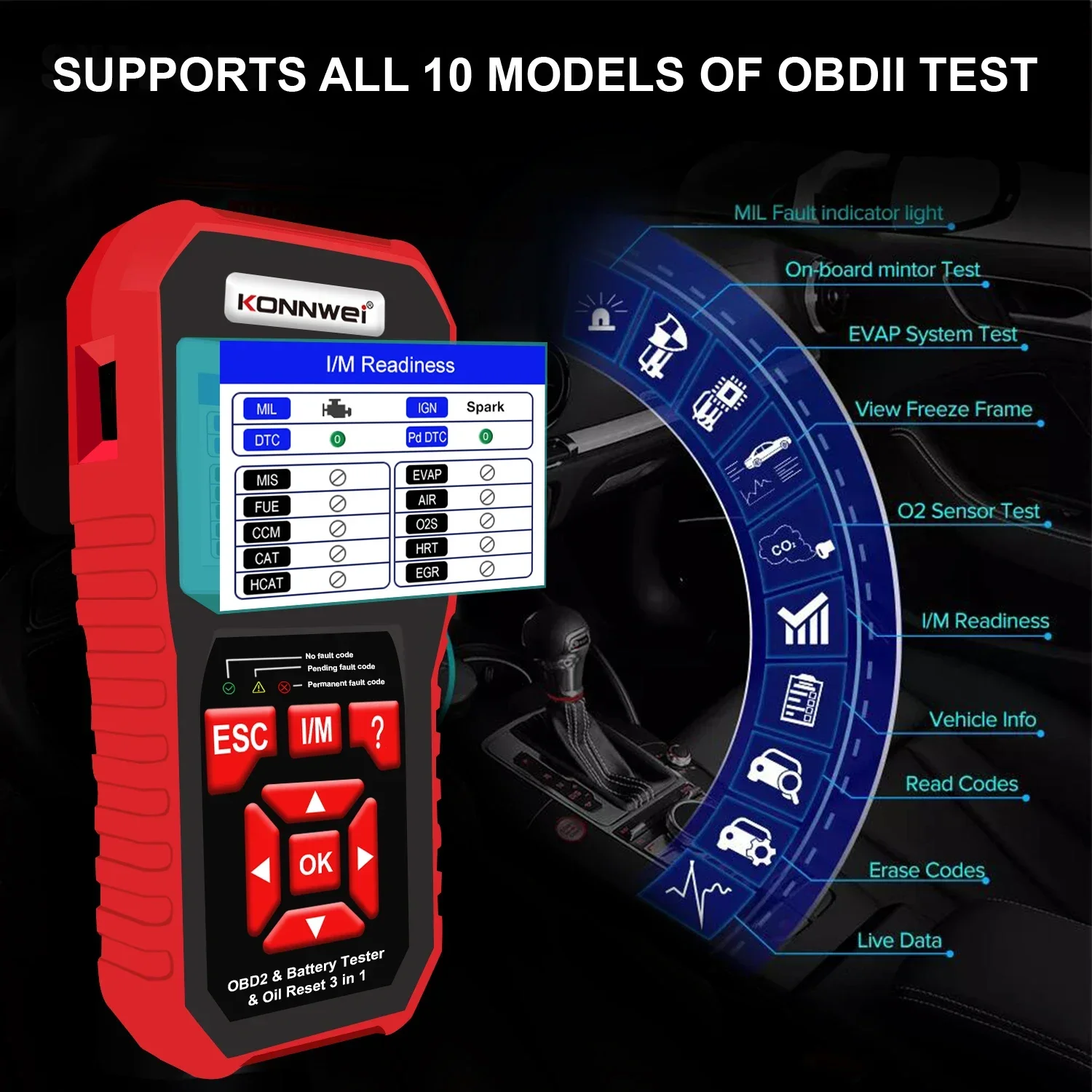 KONNWEI KW870 KW880 KW890 12V Car Battery Tester Analizer Auto Diagnostic Tool Battery Match 3 in 1 Car OBD2 Scanner Code Reader