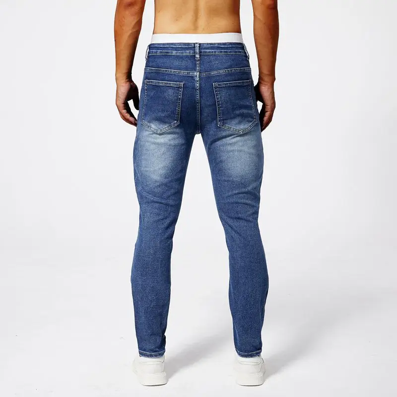 Two tone distressed patchwork jeans for men trendy jeans for summer thin straight leg pants slim fit small leg distressed jeans