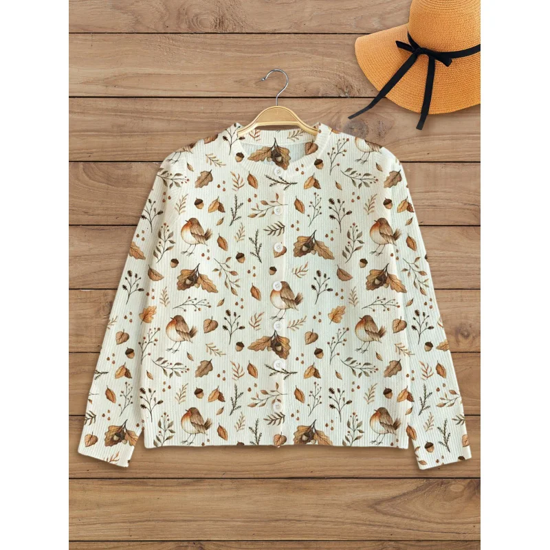 

Lazy Style Bird Plant Floral Print Girls' Sweater Cardigan Warm High-Quality Round Neck Long Sleeve Button Autumn Winter Casual