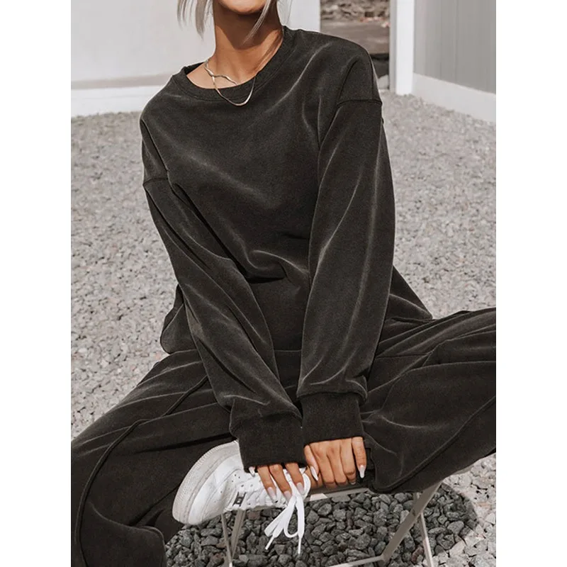 Krisnanas conjuntos de pantalones para mujer 2025 Otoño Invierno algodón sólido cuello redondo sudadera pantalones sueltos Casual nuevo en conjuntos a juego 88960