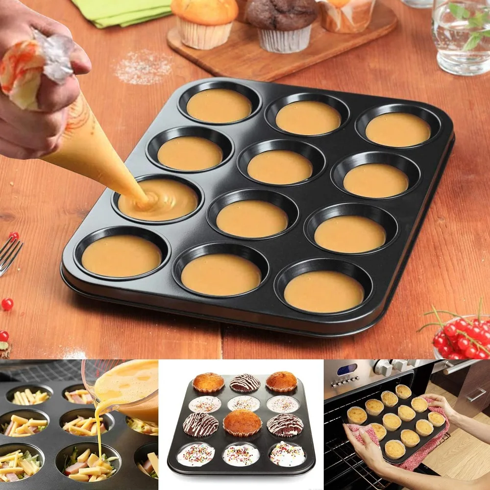 12-Cup Round Cupcake Pan Muffin Tray Cupcake Molds Muffin Pan Bakeware Non-Stick Bakeware Heavy Duty Carbon Steel Pan Muffin Tin