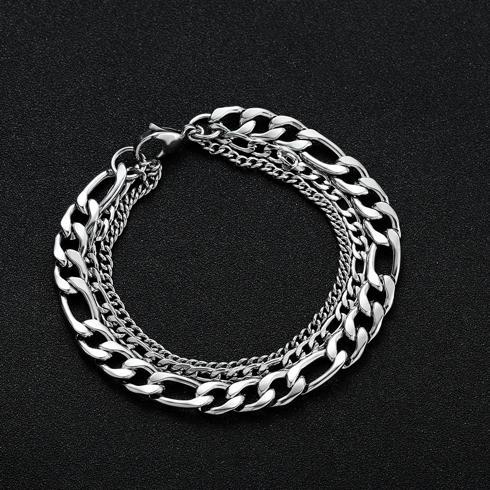 New Arrival Fashion Design 316L Stainless Steel Three Layers Figaro Chain Bracelet For Men Classic Party Favor Jewelry 18/20CM