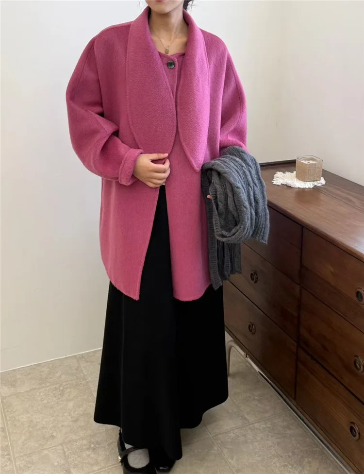 Cappotto da donna in cashmere di lana double face caldo e sciolto con collo di coniglio (Defying dell'età coreano, best seller per taglie piccole)