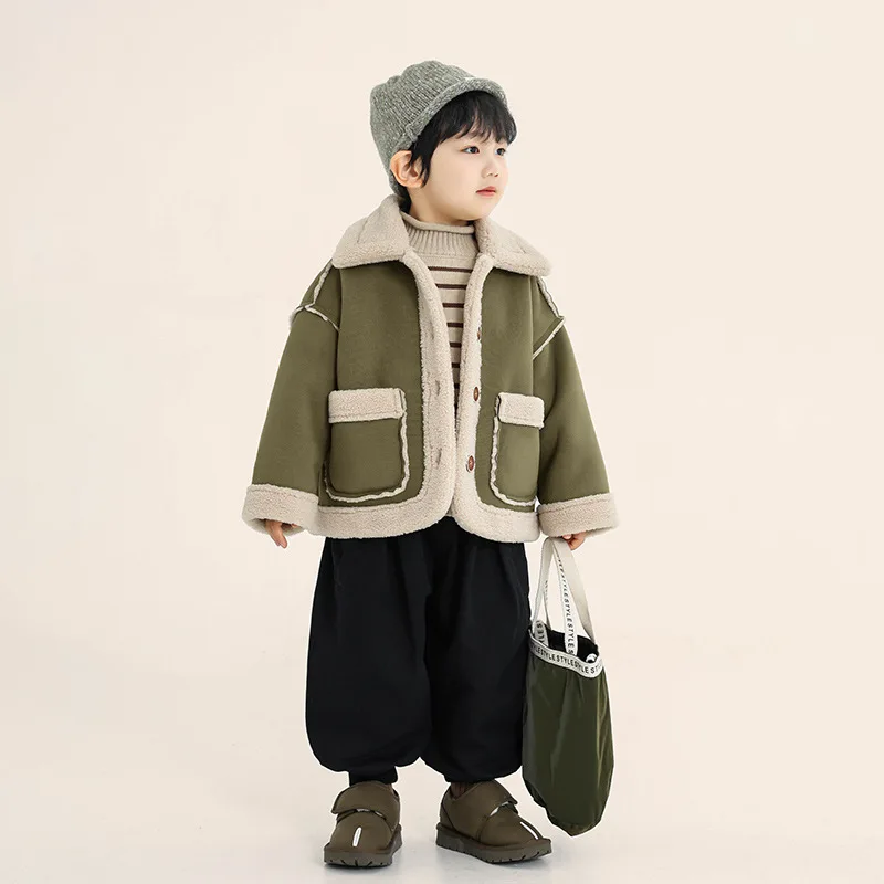 Children's Clothing, Boys' Velvet Jacket, Winter Primary and Secondary School Fur Integrated Lamb Wool Single Breasted Top
