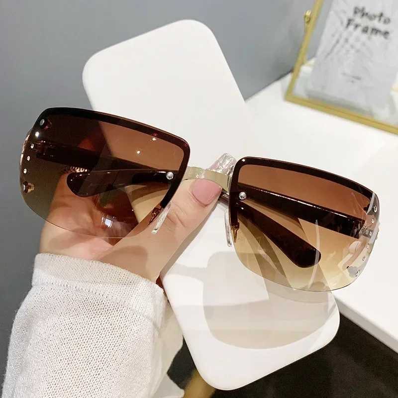 Kacamata Hitam Persegi Tanpa Bingkai Luar Ruangan Kacamata Hitam Sederhana Uniseks Pria Wanita Cermin Warna Gradien Merek Desainer Fashion