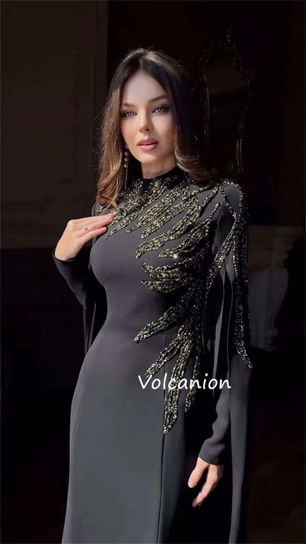 Jersey personalizado lantejoulas trompete gola alta vestidos longos sob medida ocasião elegante estilo chinês retro