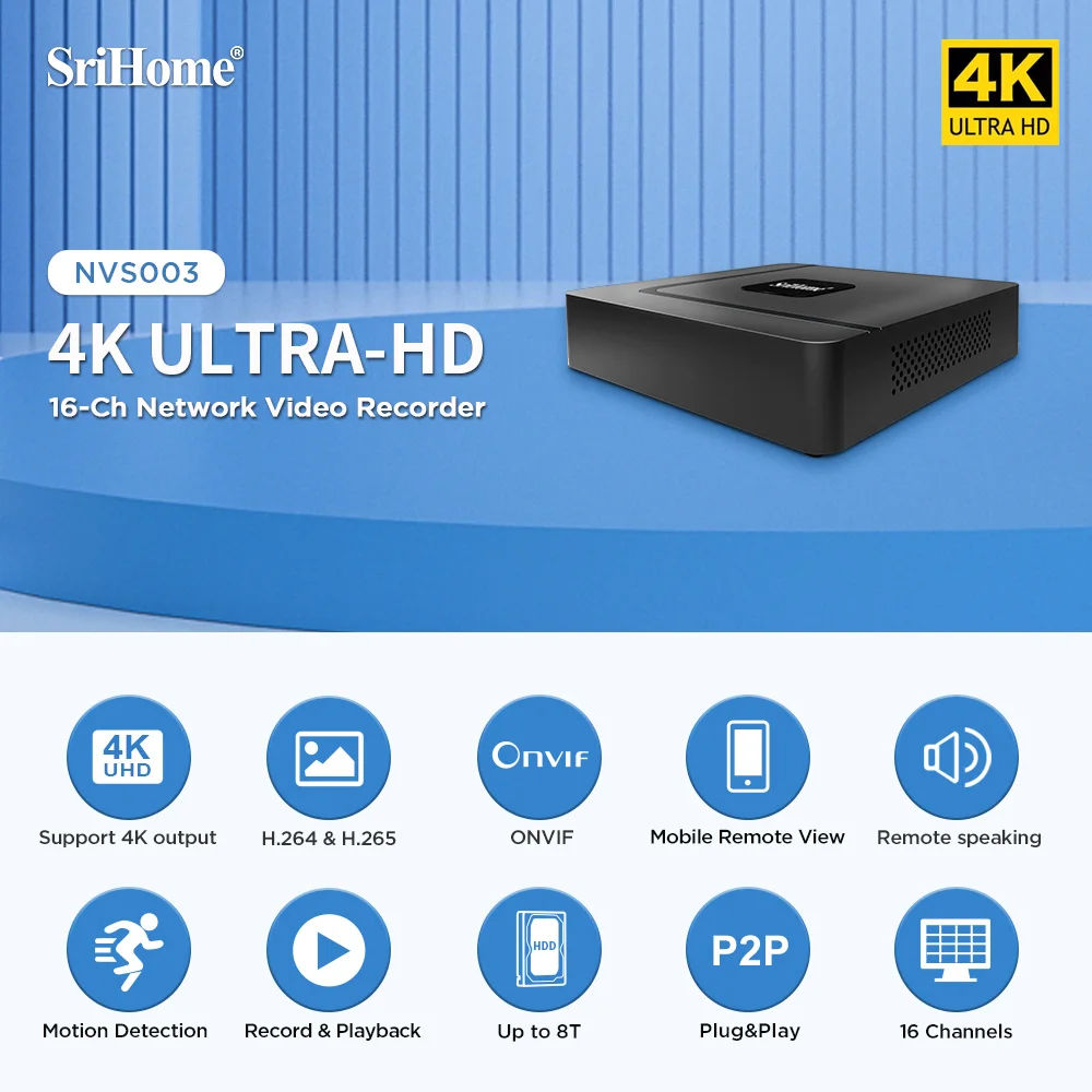 Srihome NVR 16CH 4K H.265 H.264 Network Video Recorder for Wireless Security System Support Face Detection 8 TB HDD